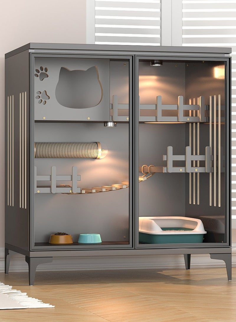 Sunshinee Sunshine Luxury Wood Cat Villa Grey B with Glass Front Door, Wheels for Easy Movement and Indoor Scratcher 80*60*100 cm - Image 1