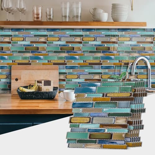 VICCI 12Sheet Peel and Stick Tile Backsplash 12 x 12 StickOn Wall Tiles DecalsSelfAdhesive Wallpaper for Kitchen Bathroom Laundry Room Blue Yellow - Image 3