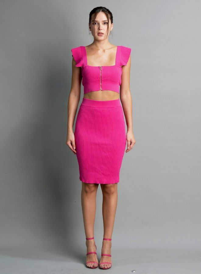 Mei Stylish Knitted Ribbed Knit Suit Florentine Crop Top and Skirt Set - Image 2