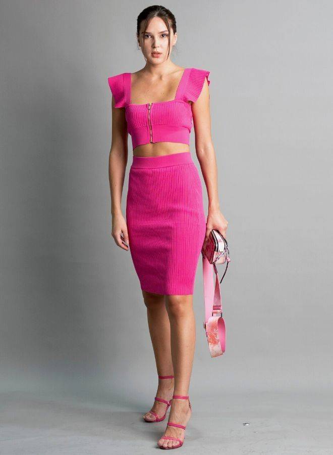 Mei Stylish Knitted Ribbed Knit Suit Florentine Crop Top and Skirt Set - Image 1