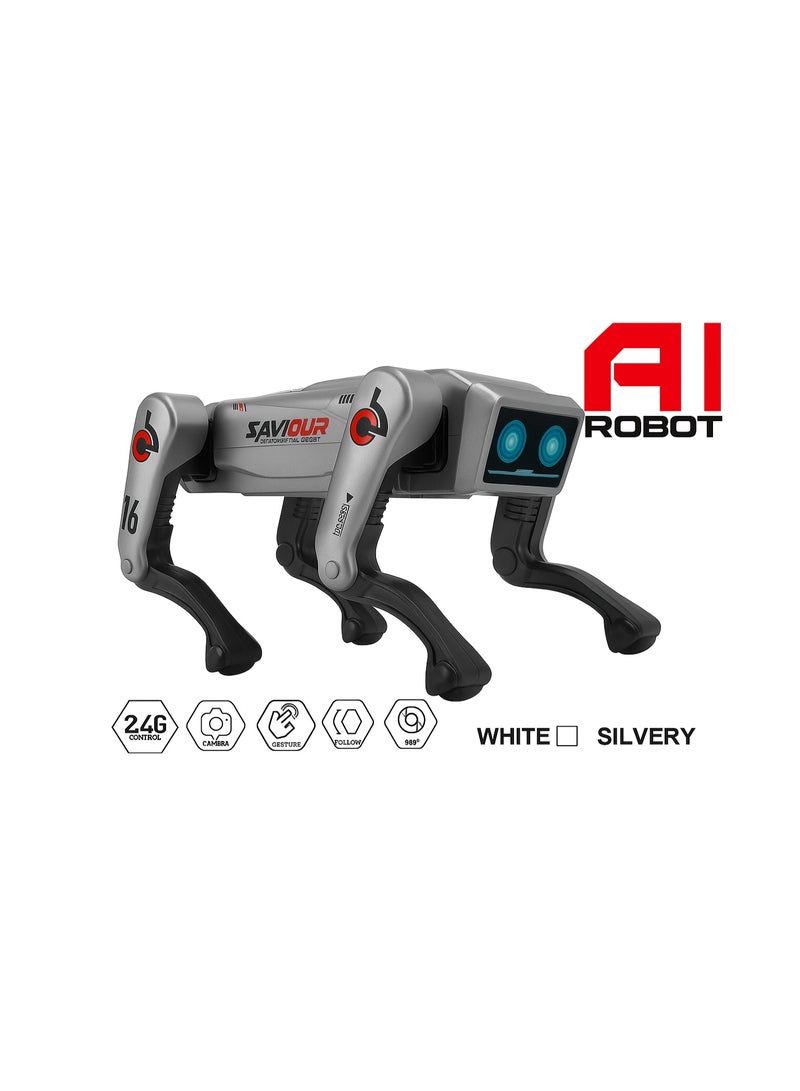 AI Robot Dog Saviour – 2.4GHz Remote Control Smart Quadruped Robot Toy with Gesture Control, Obstacle Avoidance & Sound Effects – Silver/White