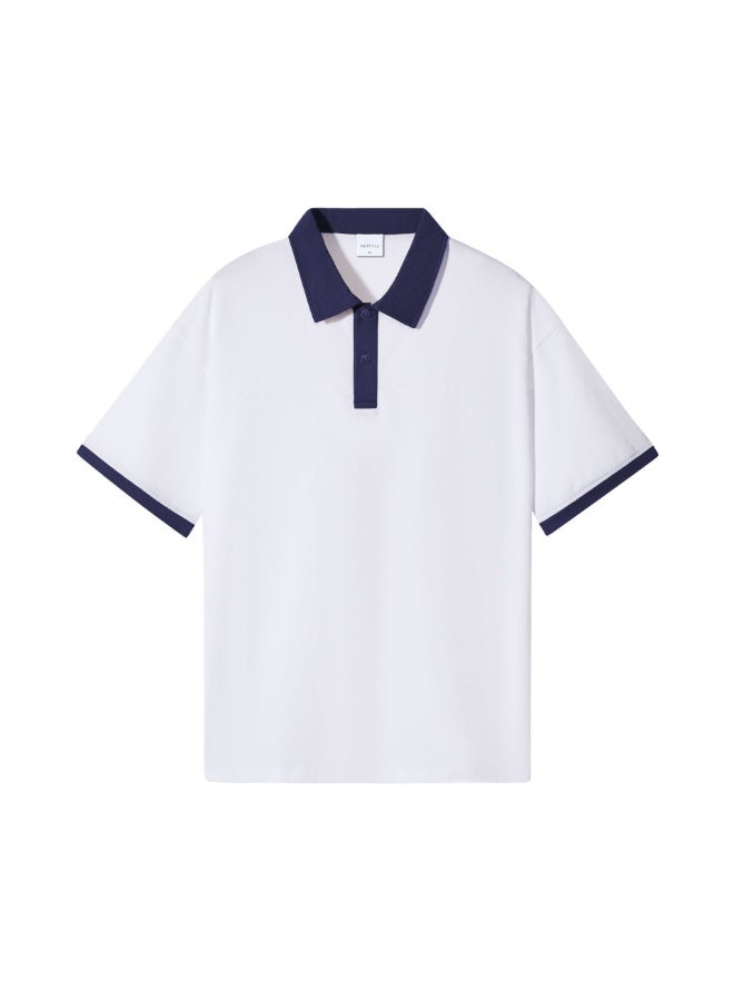 Loose Fit Men's Polo Shirt Double Thread Cotton Casual Short Sleeve T-Shirt Color Block Collar Design  - Image 1