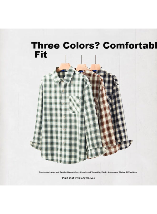 Geniolamode Men's Long Sleeve Shirt Autumn Casual Lapel Plaid Vintage Shirt Brown XL - Image 2