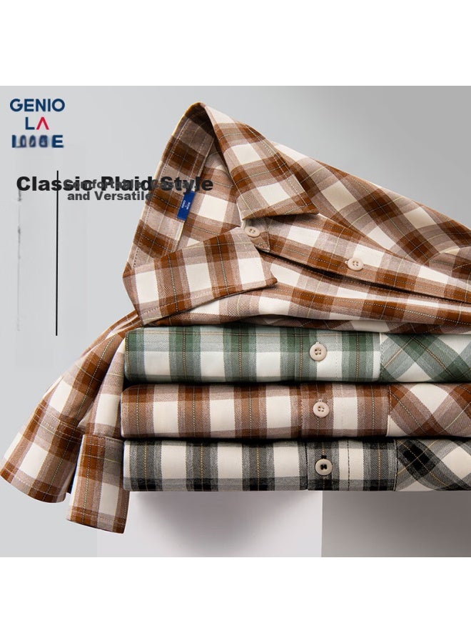 Geniolamode Men's Long Sleeve Shirt Autumn Casual Lapel Plaid Vintage Shirt Brown XL - Image 1