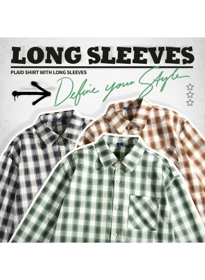 Geniolamode Men's Long Sleeve Shirt Autumn Casual Lapel Plaid Vintage Shirt Brown XL - Image 3