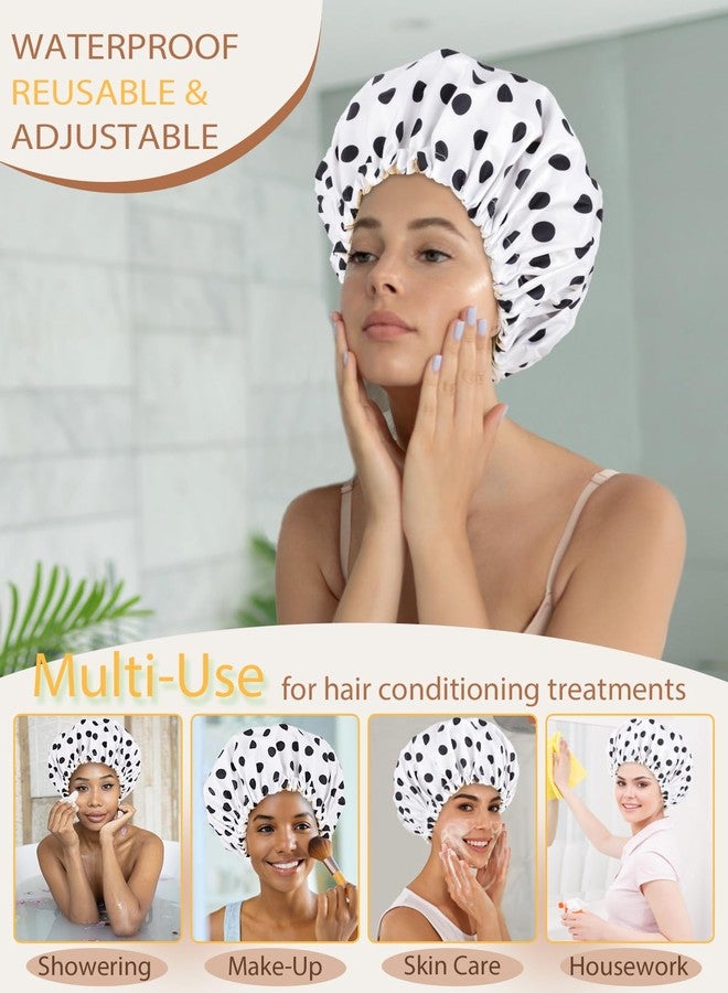 Luvruitaky Large Shower Caps for Women Reusable Waterproof Satin Lined Shower Cap with Adjustable Band Double Layer Design Luxury Washable Bath Hair Bonnet (Black Dot) - Image 2