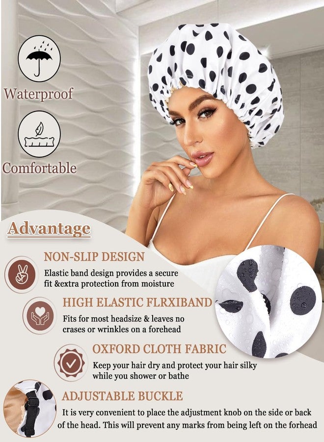 Luvruitaky Large Shower Caps for Women Reusable Waterproof Satin Lined Shower Cap with Adjustable Band Double Layer Design Luxury Washable Bath Hair Bonnet (Black Dot) - Image 5