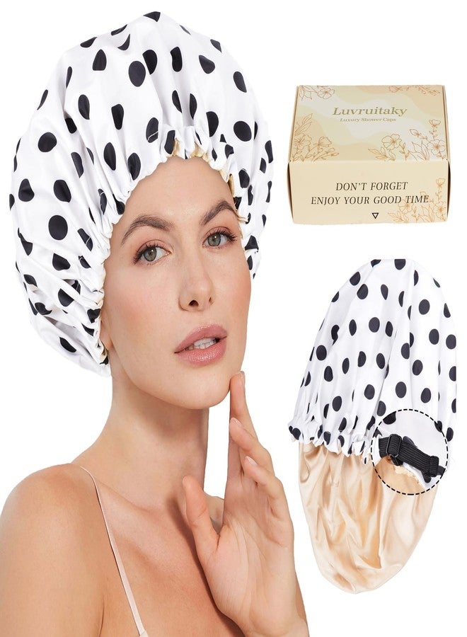 Luvruitaky Large Shower Caps for Women Reusable Waterproof Satin Lined Shower Cap with Adjustable Band Double Layer Design Luxury Washable Bath Hair Bonnet (Black Dot) - Image 1