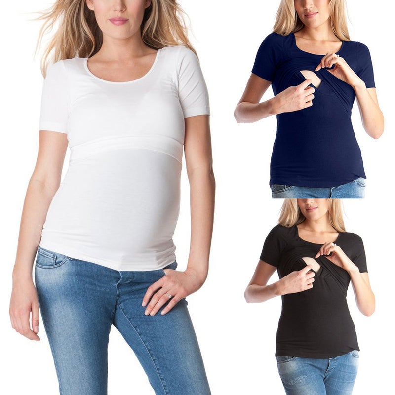 2021 Wish AliExpress Hot Round Neck Short Sleeve Maternity Wear Breastfeeding Nursing Clothing Women T-Shirt white XL - Image 2