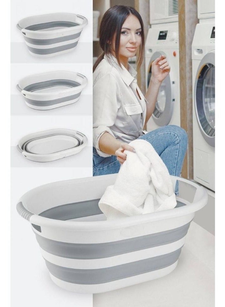 Foldable laundry basket collapsible laundry basket plastic and silicone storage box perfect for travel and trips 25 liters grey. - Image 3