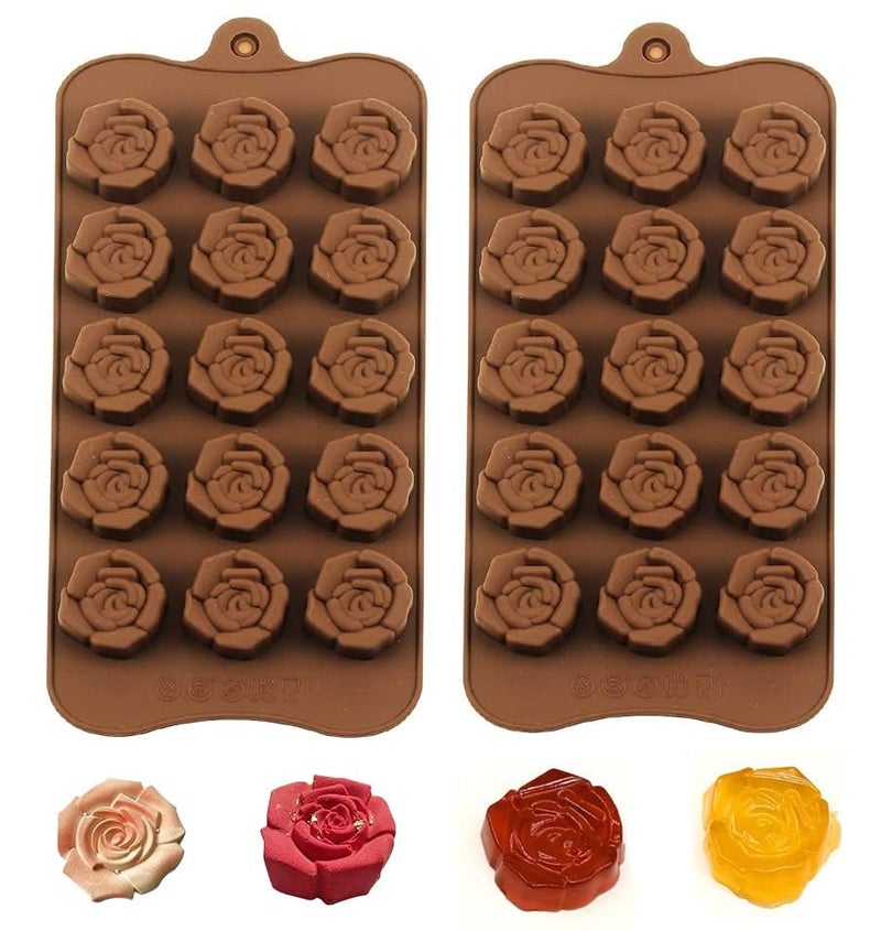 Bamutu Rose Flower Shaped Silicone Chocolate Molds 2PCS-15Cavity Flower Non-Stick Candy Silicone Mould Ice Cube Molds Tray Cake Decoration Party&Wedding Gift - Image 1