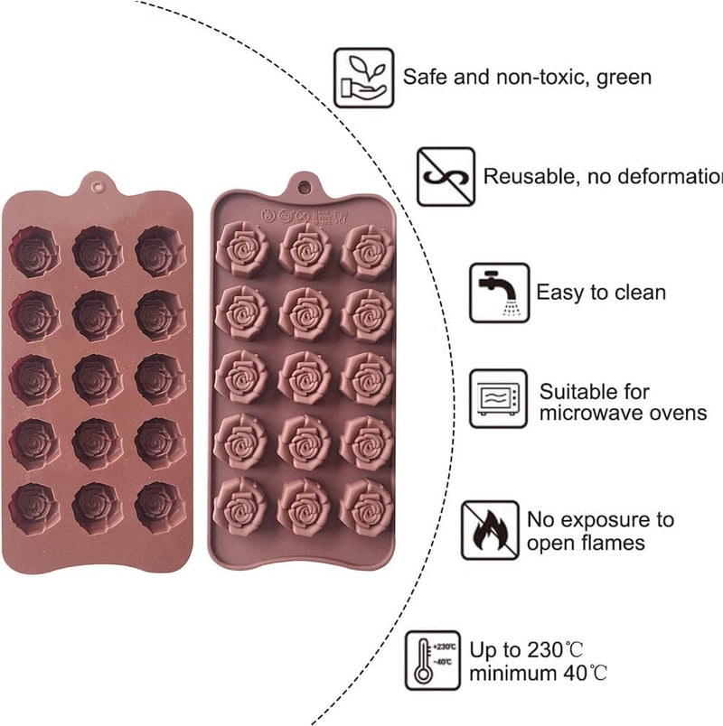 Bamutu Rose Flower Shaped Silicone Chocolate Molds 2PCS-15Cavity Flower Non-Stick Candy Silicone Mould Ice Cube Molds Tray Cake Decoration Party&Wedding Gift - Image 3