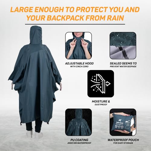 Rocksport Unisex Outdoor Rain Poncho for Adult,Multi Use, Polyester Waterproof, Lightweight, Reusable & Packable, Long Sleeve, One Size Fits Most (Airforce Blue) - Image 3