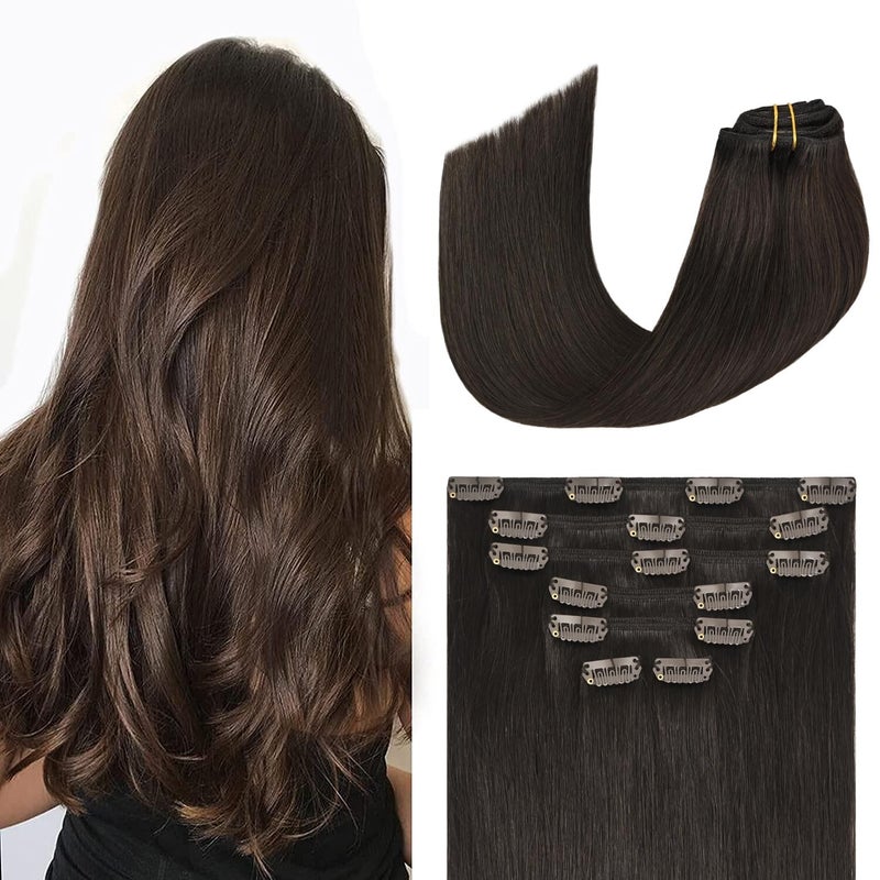 Aison Dark Brown Clip in Hair Extensions Real Human Hair 70G 100% Remy Human Hair Clip in Extensions Soft Silky Straight for Fashion Women 7pcs 16clips 18 Inch Brown Hair Extensions - Image 1