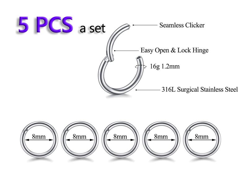 HQLA 5Pcs 16G 18G Surgical Steel Nose Rings Hoop Tragus Septum Cartilage Hoop Earrings For Women Men Body Piercing Jewelry Kit Bar Length 6mm/8mm/10mm/12mm/14mm (5Pcs -16G - Steel - 8mm) - Image 2