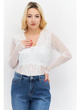 INC Women Textured Long Sleeve Bodysuit, Off White  - Image 1