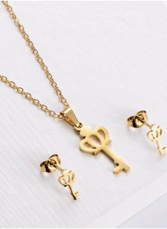 General 18K Gold Plated Stainless Steel Key Clavicle Necklace Earrings Three Piece Set  - Image 5
