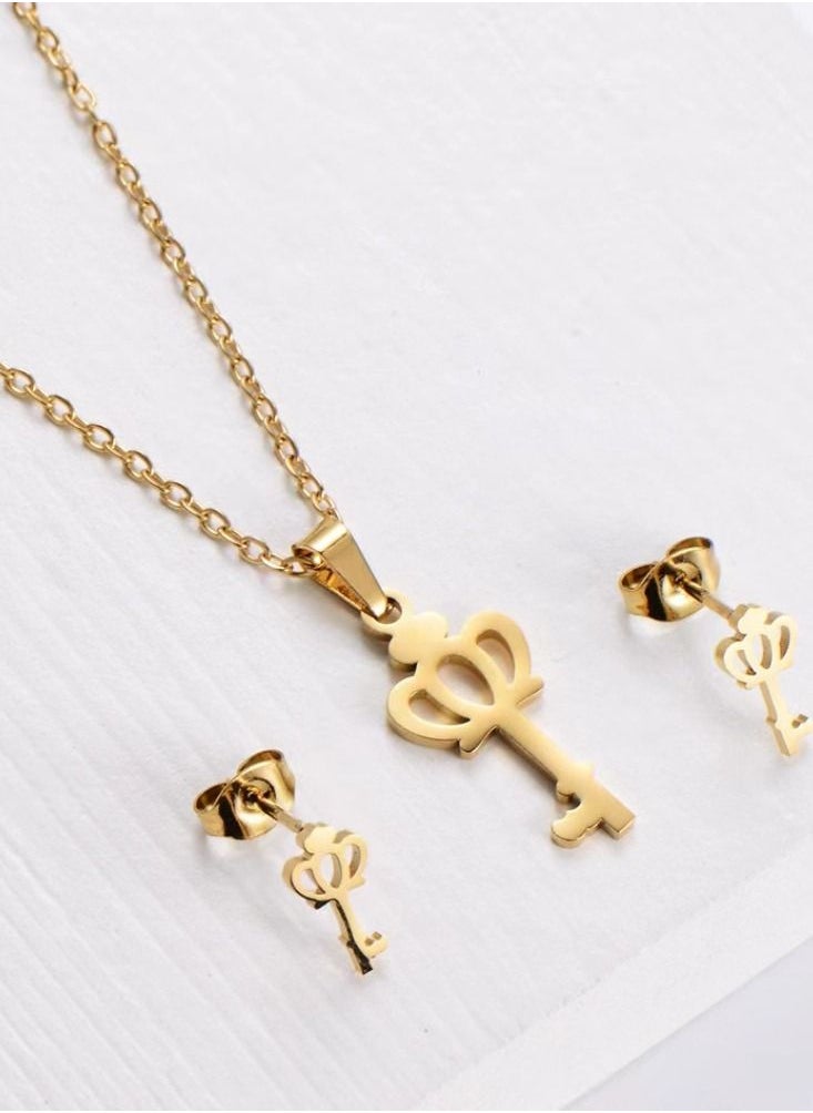 General 18K Gold Plated Stainless Steel Key Clavicle Necklace Earrings Three Piece Set  - Image 5