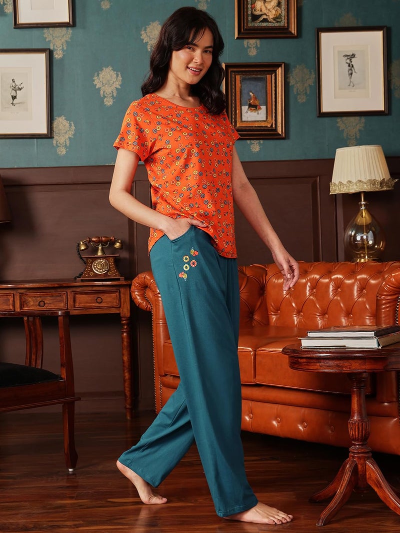Clovia Women's Cotton Printed T-shirt & Pyjama Set (LS0039P16_Orange_L) - Image 2
