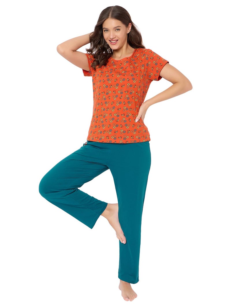 Clovia Women's Cotton Printed T-shirt & Pyjama Set (LS0039P16_Orange_L) - Image 1