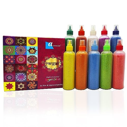 Ascension Rangoli Powder Colors Bottles Design Creativity Diwali Floor Rangoli Art Ceramic Colours Rangoli Color Powder Rang for Navratri Pongal Pooja Mandir with Rangoli Design Book (Set of 10) - Image 1