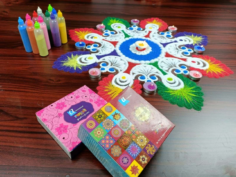 Ascension Rangoli Powder Colors Bottles Design Creativity Diwali Floor Rangoli Art Ceramic Colours Rangoli Color Powder Rang for Navratri Pongal Pooja Mandir with Rangoli Design Book (Set of 10) - Image 4