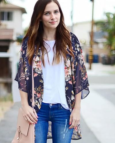 CHICGAL Kimono Cardigans for Women Floral Print 3/4 Sleeve Loose Cover Up Casual Blouse Tops (Navy Blue,3XL) - Image 2