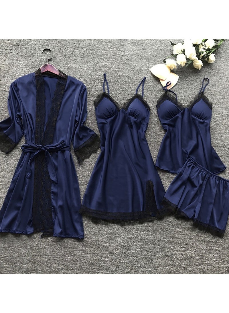 Spring And Summer Feminine Ice Silk Pajamas Four-Piece Set With Suspenders And Long Sleeves
