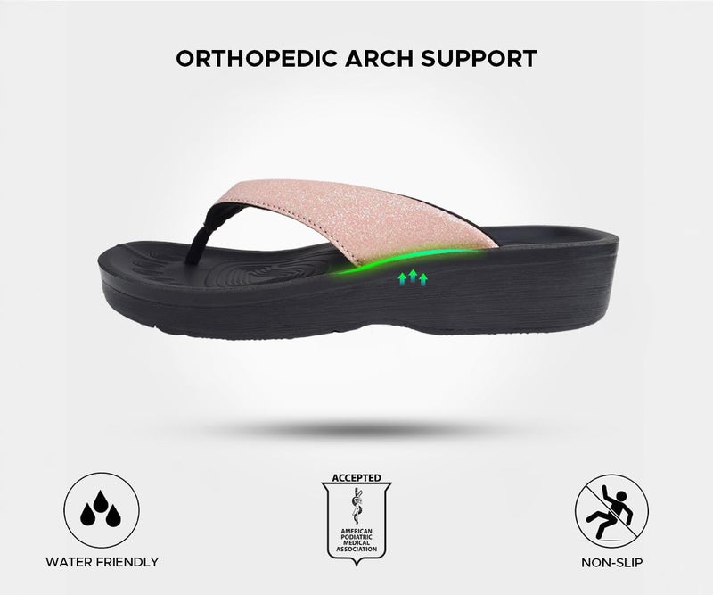 AEROTHOTIC Comfy Flip Flops for Women with Arch Support Orthotic Footbed Stylish Faux Leather Padded Straps with Soft Toe Post & Non-Slip Sole Slip On Casual Indoor and Outdoor Ladies Sandals (Crystal Rose Gold, Size 9) - Image 5