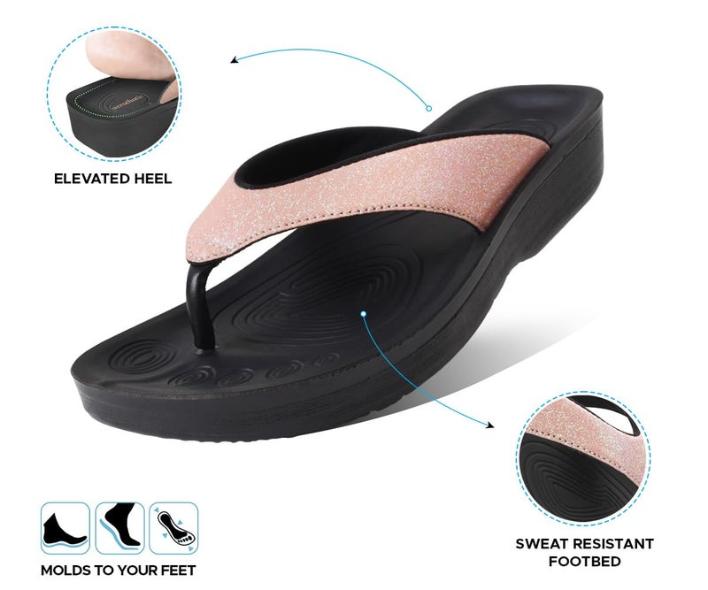 AEROTHOTIC Comfy Flip Flops for Women with Arch Support Orthotic Footbed Stylish Faux Leather Padded Straps with Soft Toe Post & Non-Slip Sole Slip On Casual Indoor and Outdoor Ladies Sandals (Crystal Rose Gold, Size 9) - Image 4