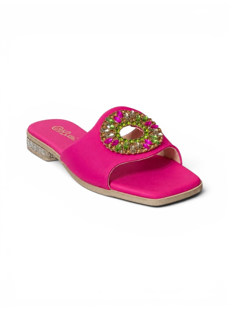 LIFESTYLISH slippers satin flat With a round, studded accessory SL-233 - Fuchsia - Image 1