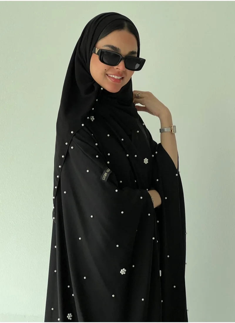 Lusin Abaya Black Bisht Abaya with White Pearl Detailing