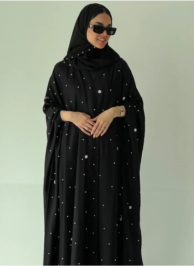 عبايات لوسين عباية سوداء بشت مزينة باللؤلؤ الأبيض