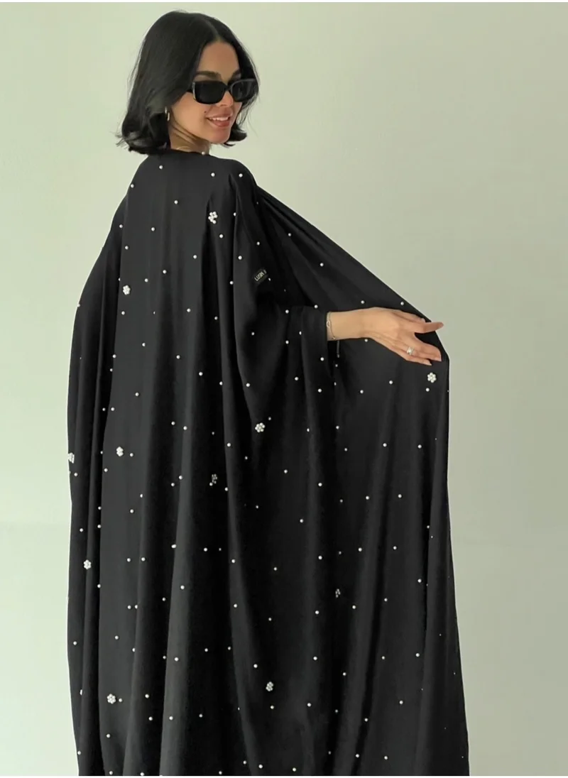 Lusin Abaya Black Bisht Abaya with White Pearl Detailing