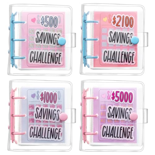 Furbeko 4 Pcs 1000 Dollar Saving Challenge Money Savings Binder Book $500 $2100 $5000 Reusable with Portable Stickers Cash Envelopes for Budgeting Planner School Class Prize Gifts - Image 1