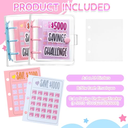 Furbeko 4 Pcs 1000 Dollar Saving Challenge Money Savings Binder Book $500 $2100 $5000 Reusable with Portable Stickers Cash Envelopes for Budgeting Planner School Class Prize Gifts - Image 3
