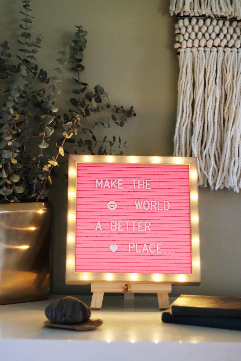 PMPX Letter Board THE ORIGINAL Pink Felt Board with Stand, Built-in LED Lights 10 x 10 -Menu Board + Wood Frame, 340 Letters, Emojis + Cursive words - Custom Sign Messages, Pregnancy Announcement, Weddings - Image 4