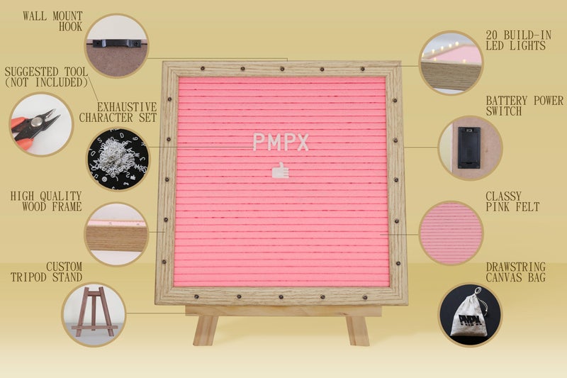 PMPX Letter Board THE ORIGINAL Pink Felt Board with Stand, Built-in LED Lights 10 x 10 -Menu Board + Wood Frame, 340 Letters, Emojis + Cursive words - Custom Sign Messages, Pregnancy Announcement, Weddings - Image 5