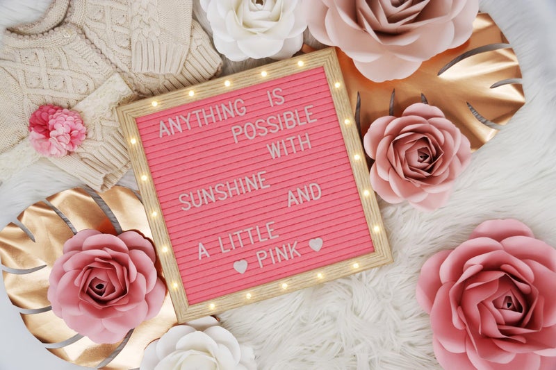 PMPX Letter Board THE ORIGINAL Pink Felt Board with Stand, Built-in LED Lights 10 x 10 -Menu Board + Wood Frame, 340 Letters, Emojis + Cursive words - Custom Sign Messages, Pregnancy Announcement, Weddings - Image 2