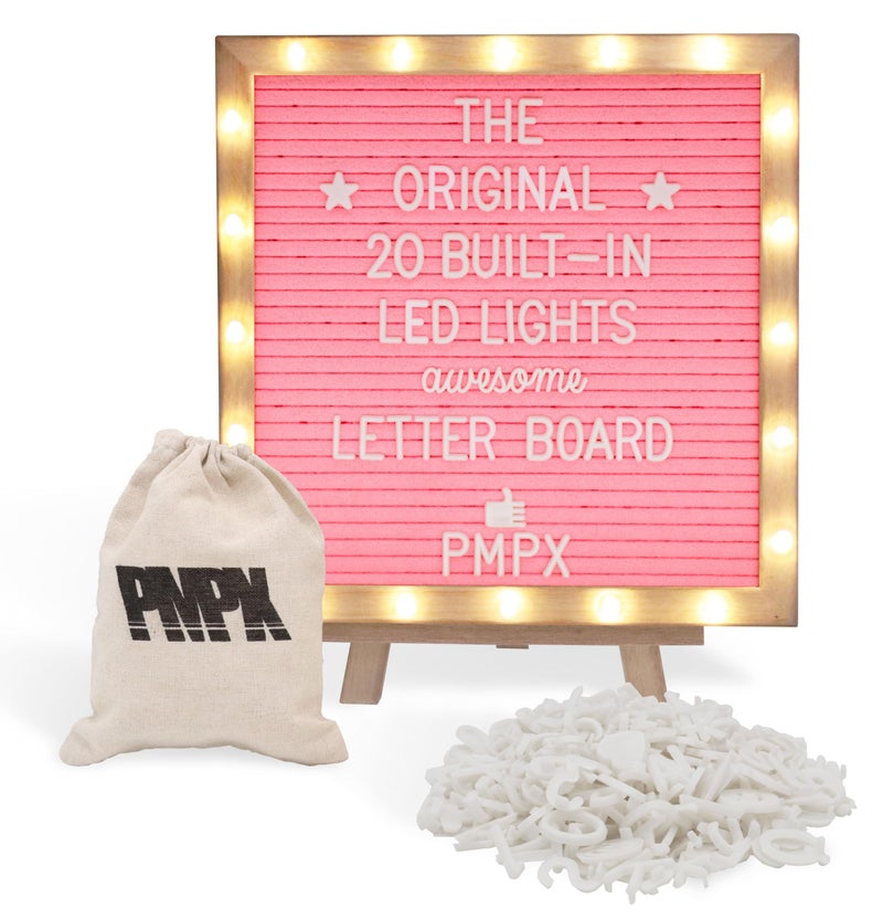 PMPX Letter Board THE ORIGINAL Pink Felt Board with Stand, Built-in LED Lights 10 x 10 -Menu Board + Wood Frame, 340 Letters, Emojis + Cursive words - Custom Sign Messages, Pregnancy Announcement, Weddings - Image 1