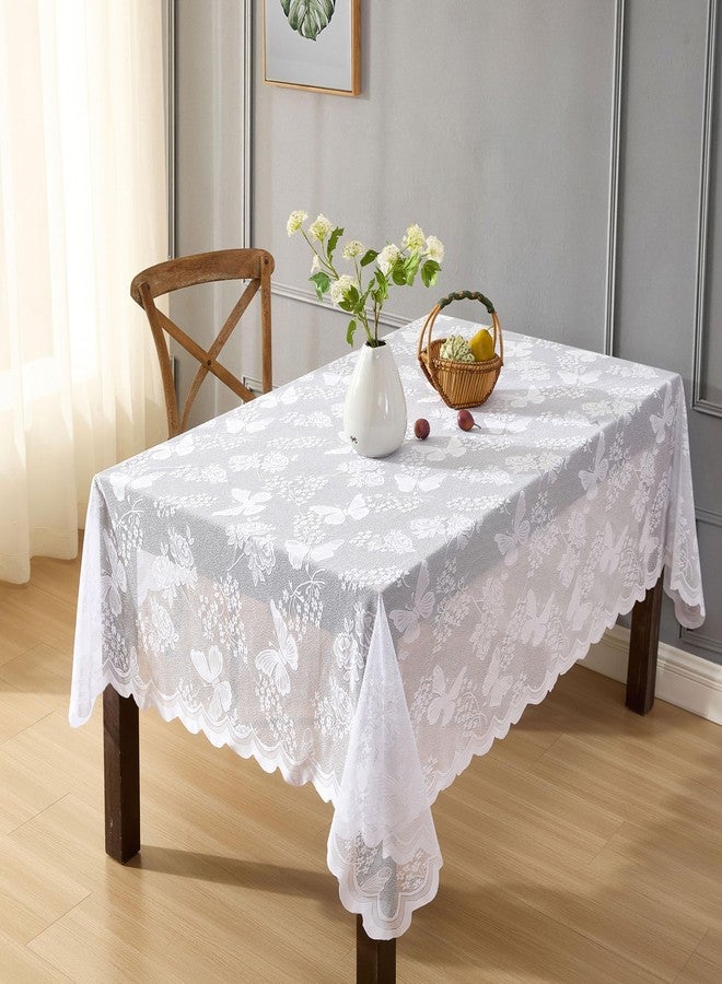 HLC.ME Butterfly Floral Lace Fabric Tablecloth, Lace Fabric Table Cloth for Rectangle Tables, Wrinkle Resistant Tablecloth, Patterned Scalloped Table Cover (60 W x 84 L, White) - Image 3