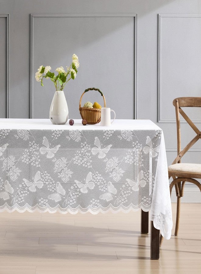 HLC.ME Butterfly Floral Lace Fabric Tablecloth, Lace Fabric Table Cloth for Rectangle Tables, Wrinkle Resistant Tablecloth, Patterned Scalloped Table Cover (60 W x 84 L, White) - Image 2