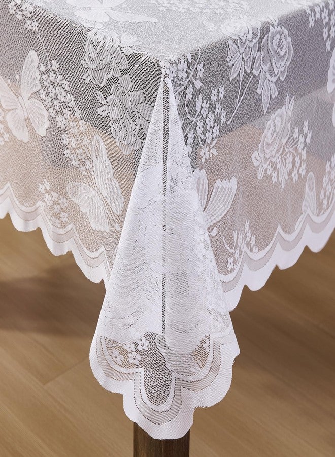 HLC.ME Butterfly Floral Lace Fabric Tablecloth, Lace Fabric Table Cloth for Rectangle Tables, Wrinkle Resistant Tablecloth, Patterned Scalloped Table Cover (60 W x 84 L, White) - Image 4
