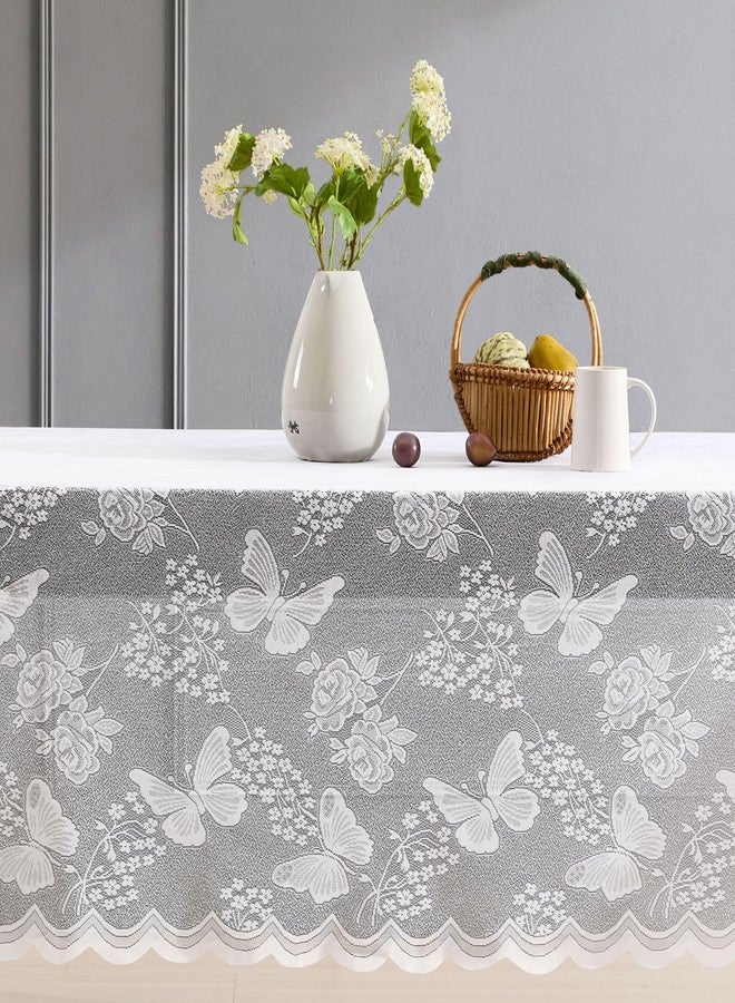HLC.ME Butterfly Floral Lace Fabric Tablecloth, Lace Fabric Table Cloth for Rectangle Tables, Wrinkle Resistant Tablecloth, Patterned Scalloped Table Cover (60 W x 84 L, White) - Image 1