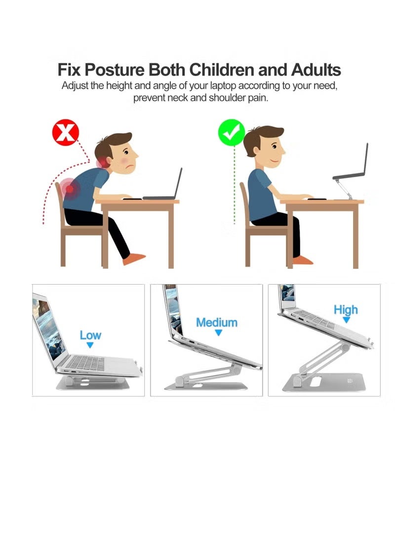 Adjustable Aluminum Laptop Stand for Desk, Ergonomic Notebook Riser Holder, Foldable Computer Stand Compatible with 11–17 Inch Laptops for Better Cooling and Viewing Angle - Image 2