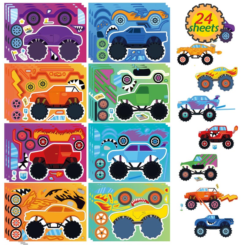 DUJAA 24 Sheets Monster Truck Sticker, Monster Truck Party Favor, Make Your Own Stickers Cartoon Car Make-a-face Stickers Classroom Activities Birthday Gift for Girls Boys - Image 1