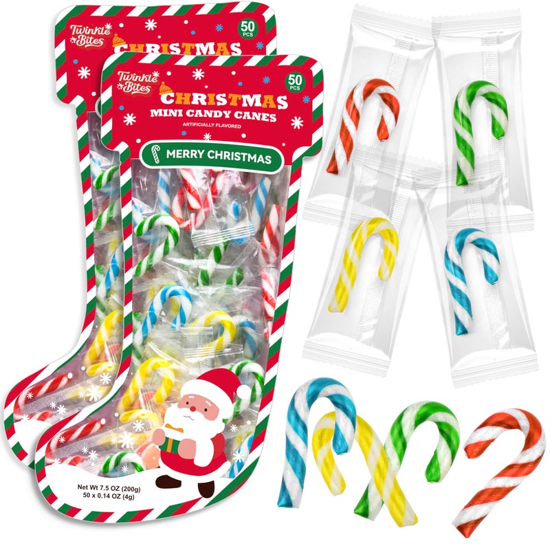 Twinkle Bites 100 Pack Mini Christmas Candy Canes Packed In A Stocking - Individually Wrapped, Strawberry, Raspberry, Green Apple, Tutti Frutti Flavors - Bulk Candy Canes Great Use For Stocking Suffers, Classroom Partys, Party Favors, Holiday Decorations - Image 1