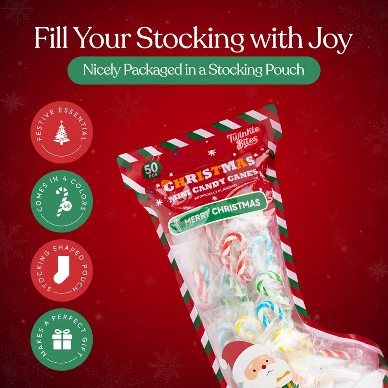 Twinkle Bites 100 Pack Mini Christmas Candy Canes Packed In A Stocking - Individually Wrapped, Strawberry, Raspberry, Green Apple, Tutti Frutti Flavors - Bulk Candy Canes Great Use For Stocking Suffers, Classroom Partys, Party Favors, Holiday Decorations - Image 3