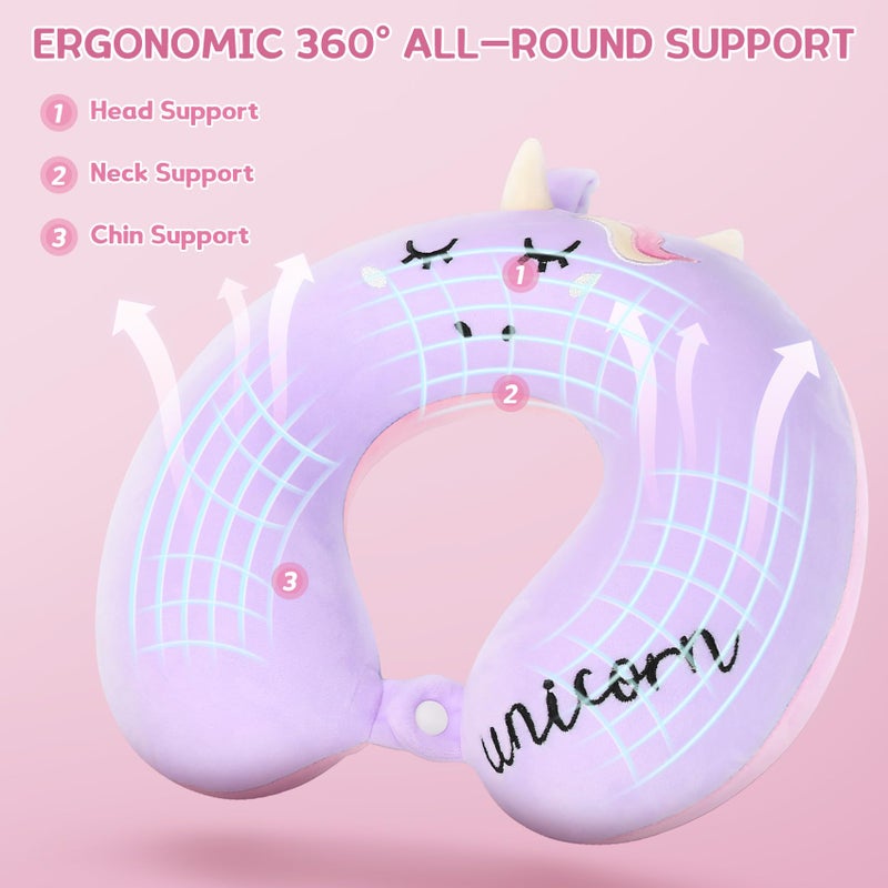 OBloved Kids Neck Pillow for Traveling, Unicorn Kids Travel Pillow with Eye Mask, Toddler Travel Essentials for Road Trip Airplane Flight Car Seat, Cute Cartoon Headrest Memory Foam Pillows Gift for Girl Boy - Image 4
