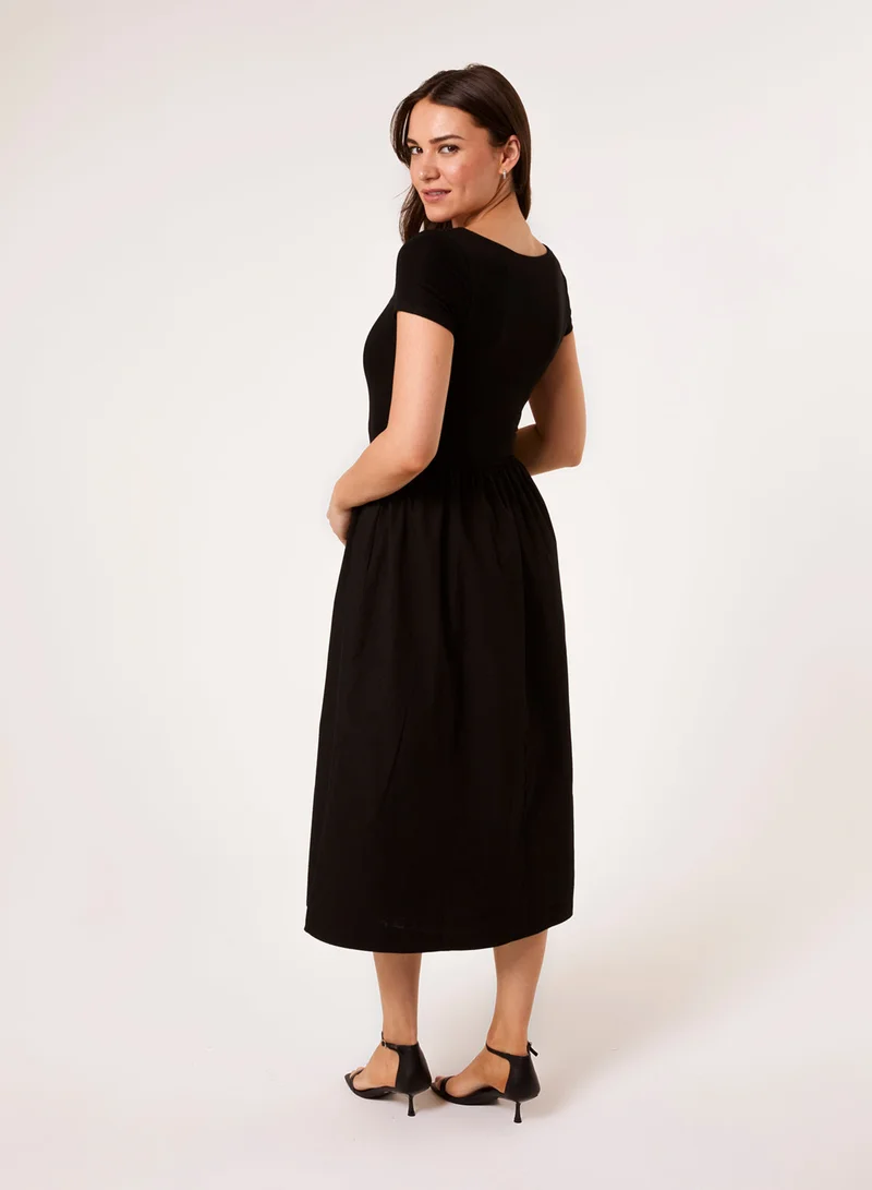 بلو فانيلا Square Neck Mix Fabric Midi Dress